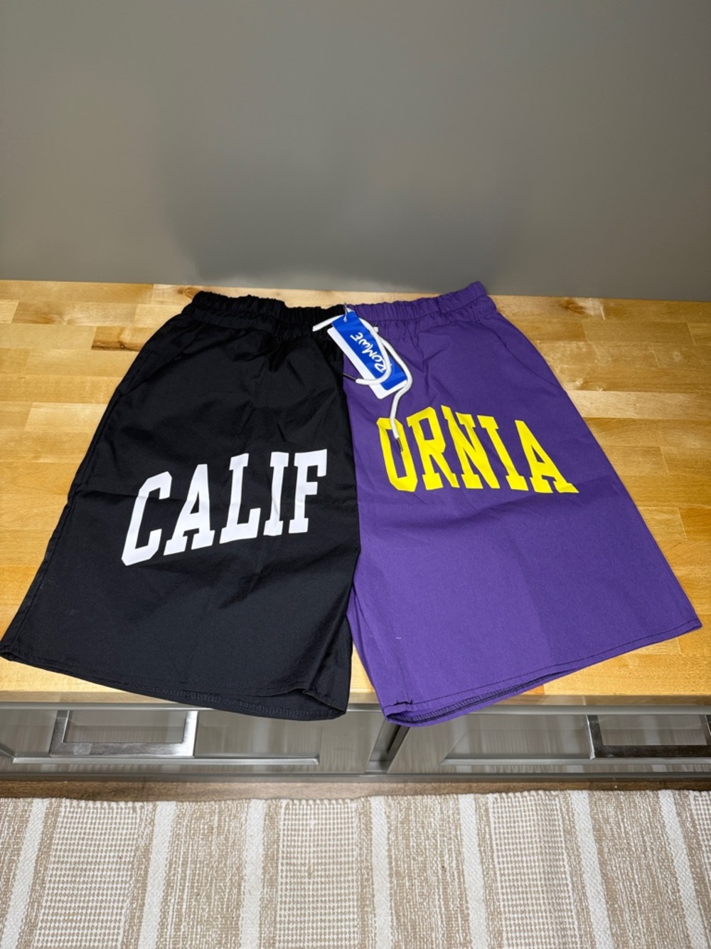 ROMWE Split-Panel Athletic Shorts - Black & Purple with Yellow Print